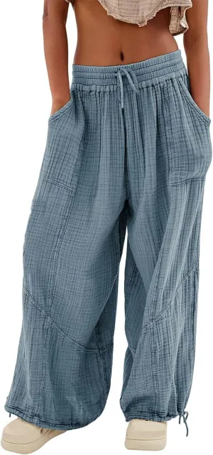 2024 High Waisted Wide Leg Pants for Women with Pockets Ladies Solid Loose Drawstring Elastic Waist Long Trousers Linen Palazzo Pants 2024 Drawstring Trousers Womens Boho Clothing Summer