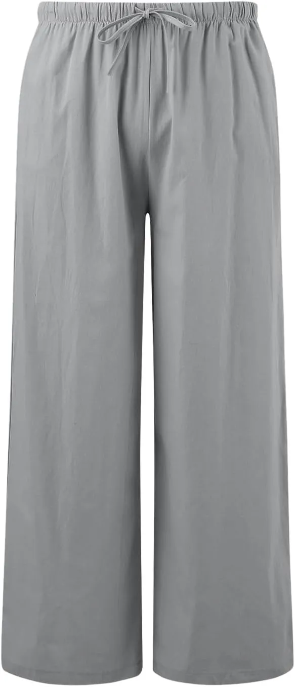 2024 Women High Waisted Wide Leg Pants Dressy Fashion Drawstring Elastic Trousers Comfy Straight Leg Long Pants with Pocket