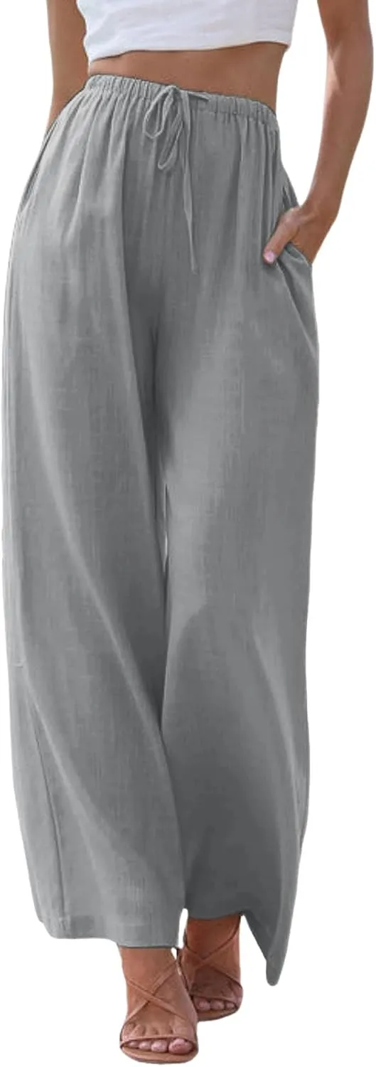 2024 Women High Waisted Wide Leg Pants Dressy Fashion Drawstring Elastic Trousers Comfy Straight Leg Long Pants with Pocket