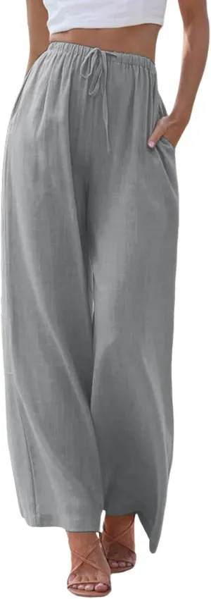 2024 Women High Waisted Wide Leg Pants Dressy Fashion Drawstring Elastic Trousers Comfy Straight Leg Long Pants with Pocket