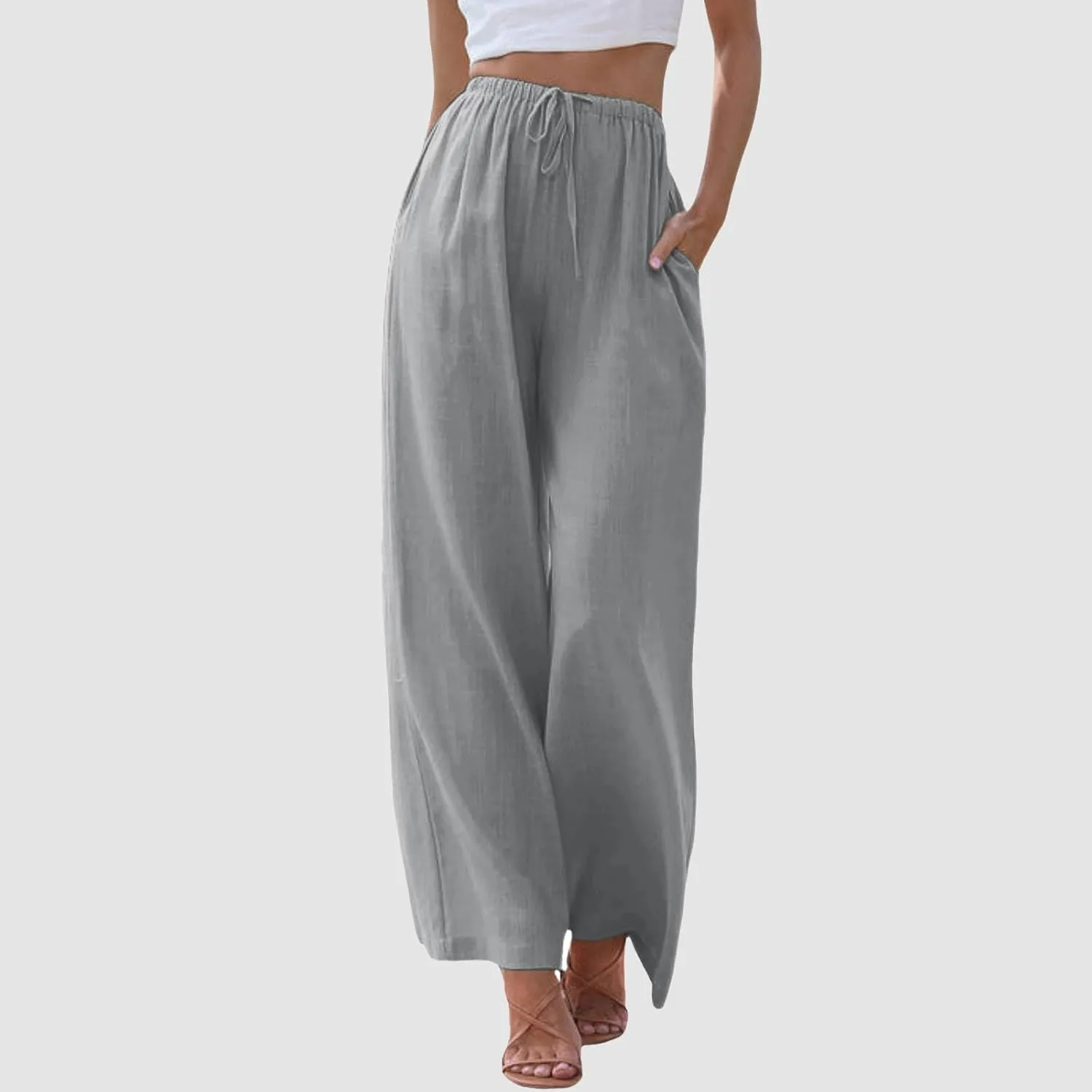 2024 Women High Waisted Wide Leg Pants Dressy Fashion Drawstring Elastic Trousers Comfy Straight Leg Long Pants with Pocket
