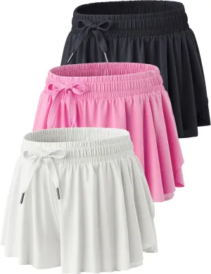 3 Pack Womens Flowy Running Shorts, 2-in-1 Butterfly Skirts with Shorts Underneath Spandex Athletic Casual Gym Workout Lounge