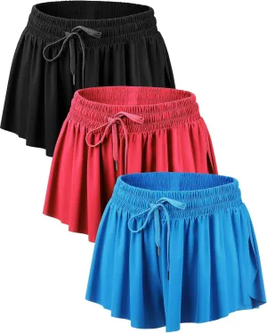 3 Pcs Flowy Running Shorts for Women 2 in 1 Butterfly Shorts with Pockets Spandex Liner Athletic Workout