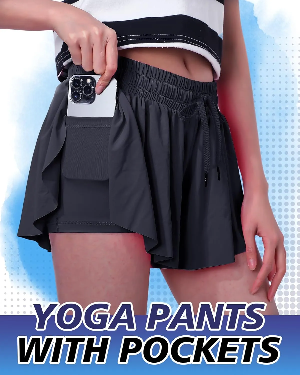 3 Pcs Flowy Running Shorts for Women 2 in 1 Butterfly Shorts with Pockets Spandex Liner Athletic Workout