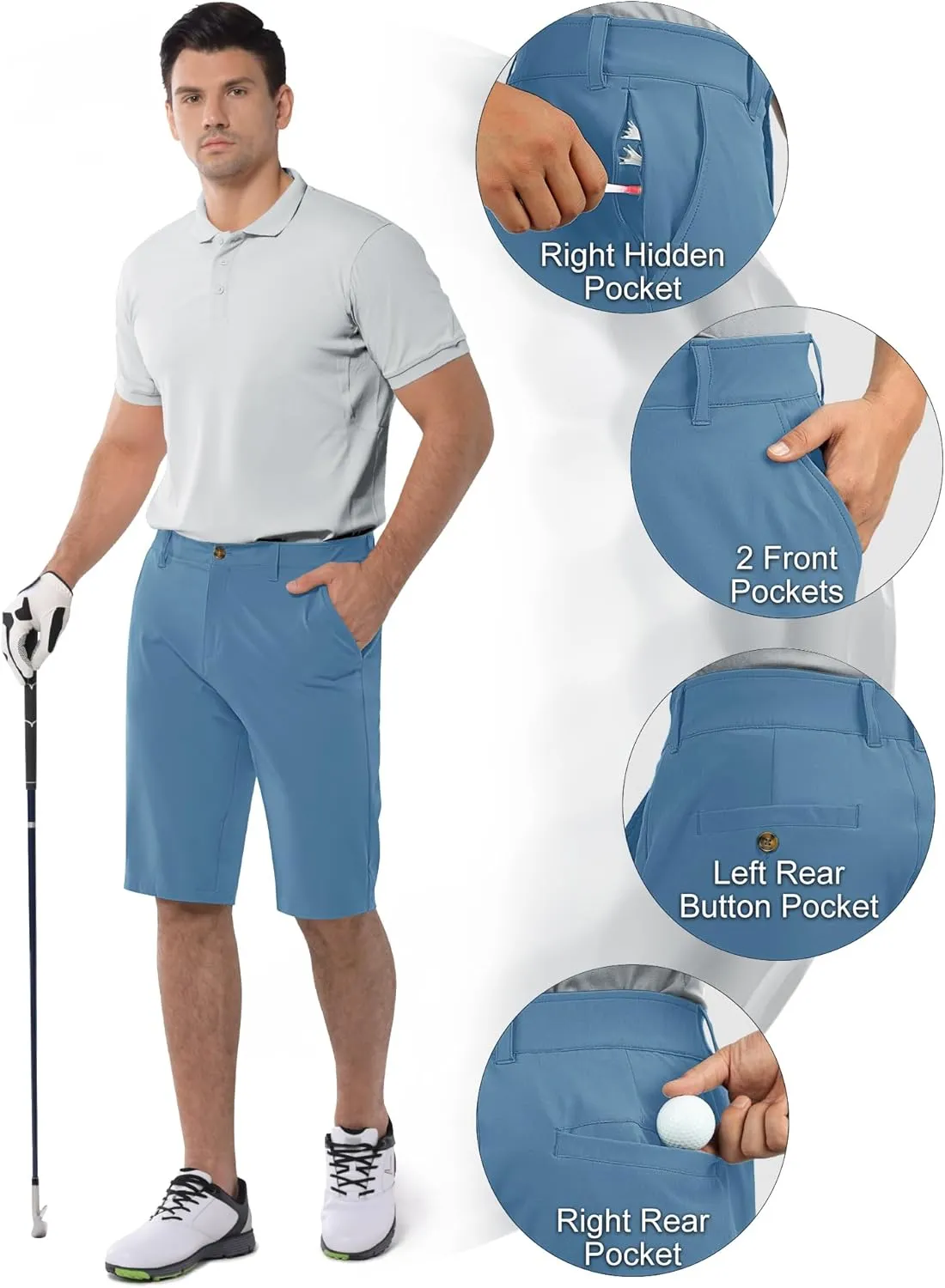 33,000ft Men's Golf Shorts Dry Fit, Lightweight Quick Dry Golf Stretch Shorts with Pockets 11" Inseam for Travel Casual