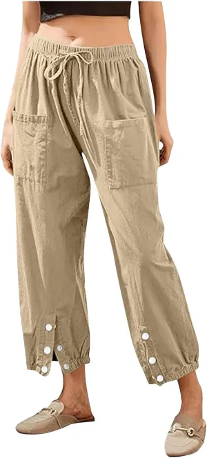 Akklian Linen Pants Women Beach Drawstring Capri Pants Summer Casual Pockets High Waisted Button Slit Baggy Trousers 2025