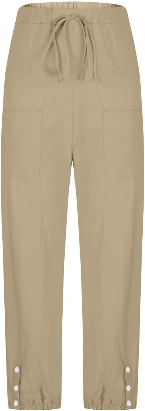 Akklian Linen Pants Women Beach Drawstring Capri Pants Summer Casual Pockets High Waisted Button Slit Baggy Trousers 2025
