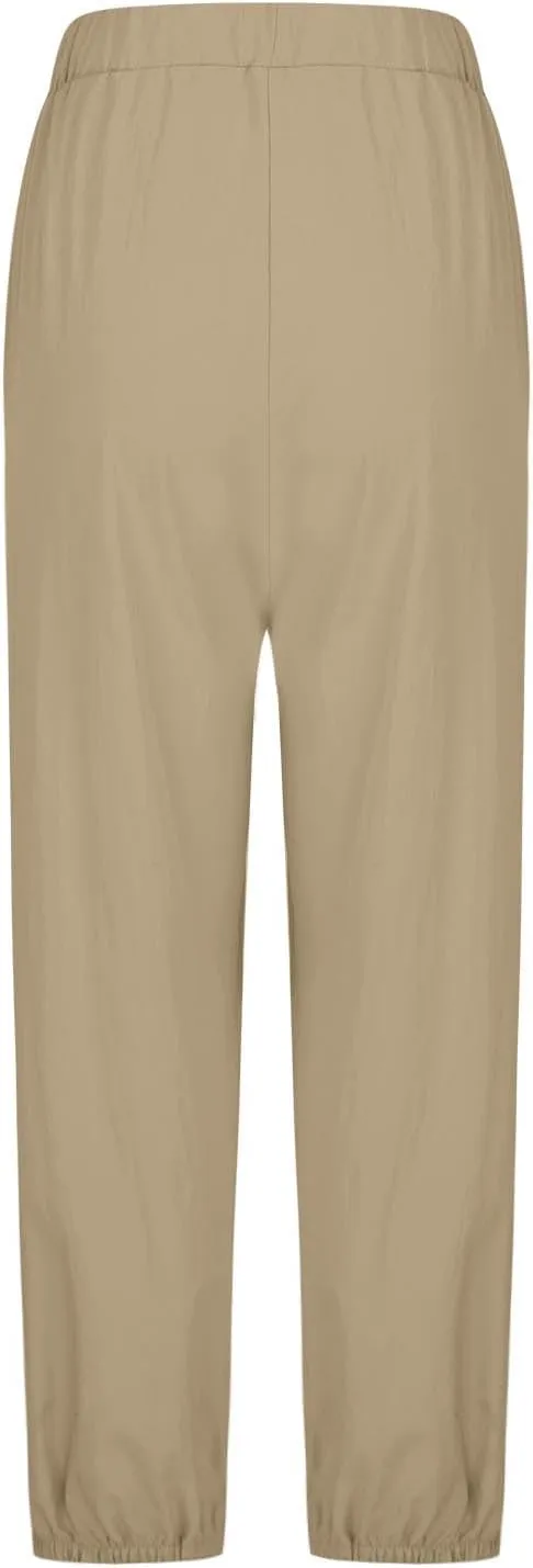 Akklian Linen Pants Women Beach Drawstring Capri Pants Summer Casual Pockets High Waisted Button Slit Baggy Trousers 2025
