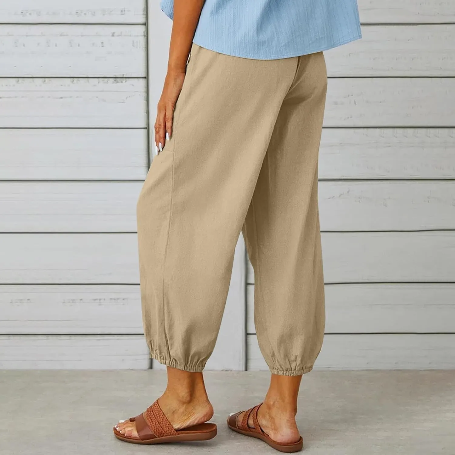 Akklian Linen Pants Women Beach Drawstring Capri Pants Summer Casual Pockets High Waisted Button Slit Baggy Trousers 2025