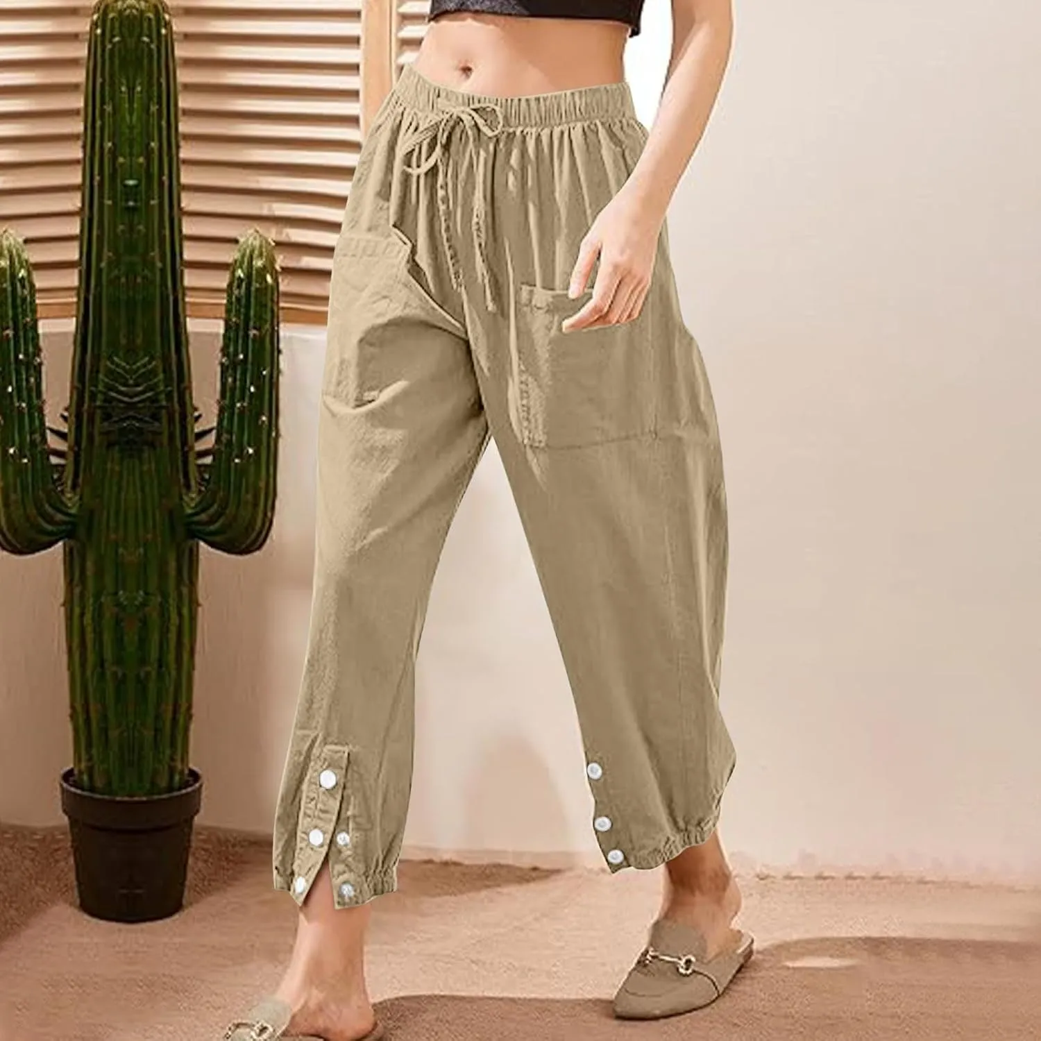 Akklian Linen Pants Women Beach Drawstring Capri Pants Summer Casual Pockets High Waisted Button Slit Baggy Trousers 2025