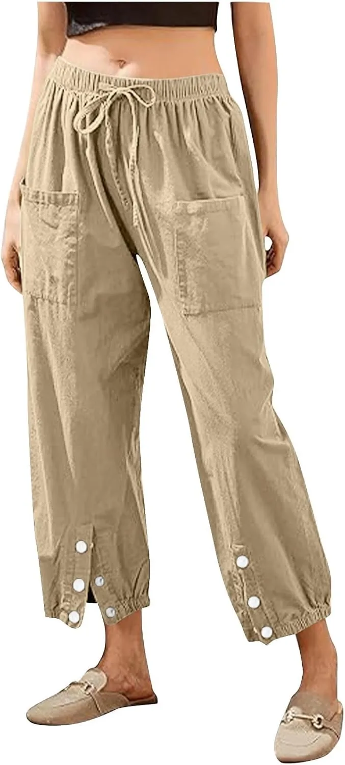 Akklian Linen Pants Women Beach Drawstring Capri Pants Summer Casual Pockets High Waisted Button Slit Baggy Trousers 2025
