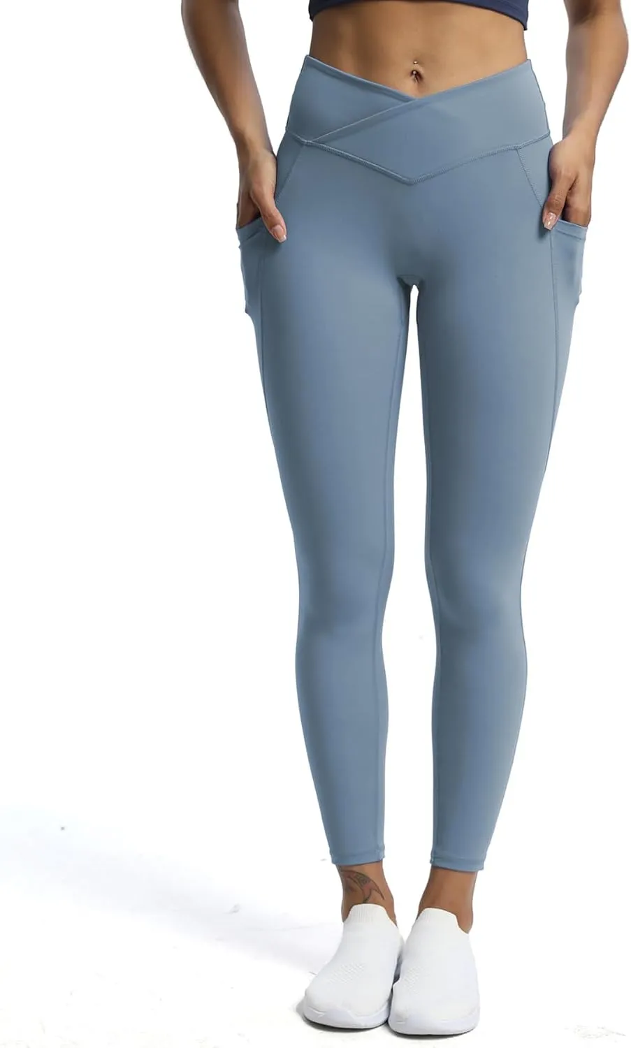 Aoxjox Trinity High Waisted Yoga Pants with Pockets for Women Tummy Control Cross-Waist Buttery Soft Workout Leggings 26"
