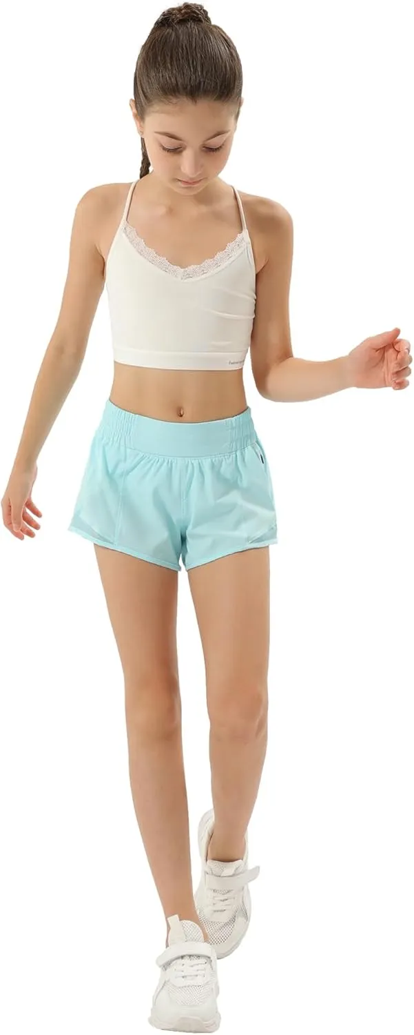 Aurefin Girls Athletic Shorts, Lightweight Running Shorts for Teen Girls Kids Sports Active Short with Zip Pocket and Elastic
