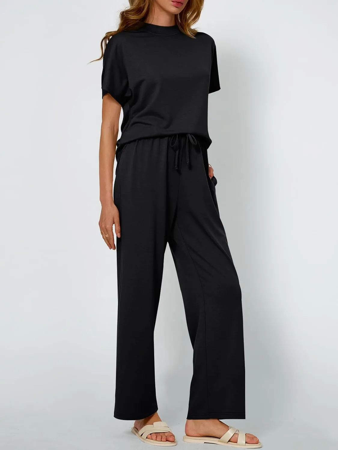 AUTOMET Women's Mock Neck 2 Piece Lounge Set Matching Summer Loose Fit Wide Leg Pants Set
