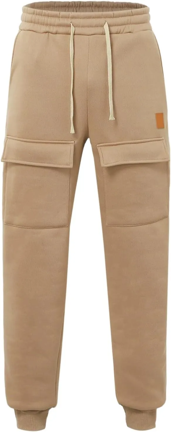 Baggy Cargo Sweatpants for Men Drawstring Waist Fleece Lined Joggers with Pockets Athletic Workout Pants Trousers