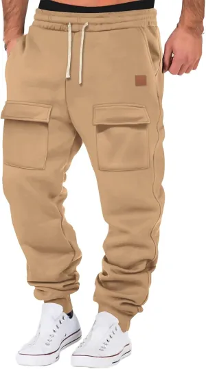 Baggy Cargo Sweatpants for Men Drawstring Waist Fleece Lined Joggers with Pockets Athletic Workout Pants Trousers