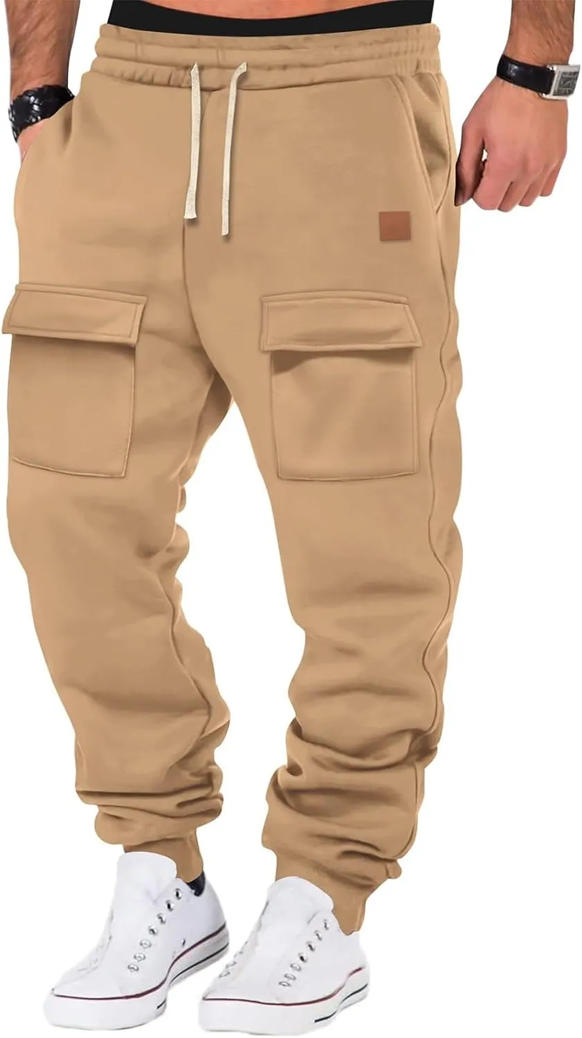 Baggy Cargo Sweatpants for Men Drawstring Waist Fleece Lined Joggers with Pockets Athletic Workout Pants Trousers