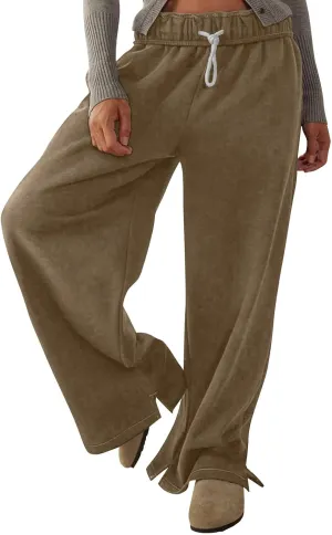 Baggy Sweat Pants for Women Elastic Wide Leg Pant Drawstring Elastic Waist Trouser Solid Plus Size Pant with Pockets