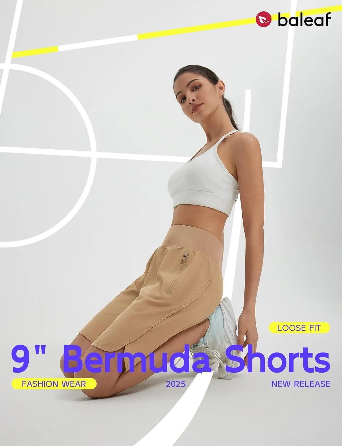 baleaf Women's Bermuda Long Shorts 9" Knee Length Athletic Running Shorts with Zip Pockets Stretch Loose Summer UPF 50 