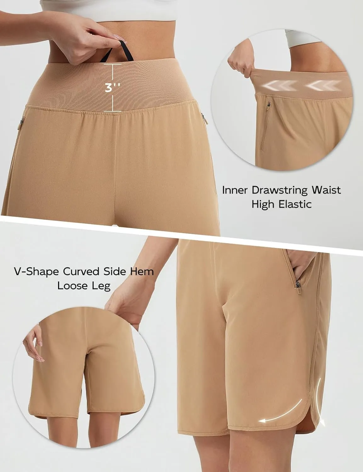 baleaf Women's Bermuda Long Shorts 9" Knee Length Athletic Running Shorts with Zip Pockets Stretch Loose Summer UPF 50 