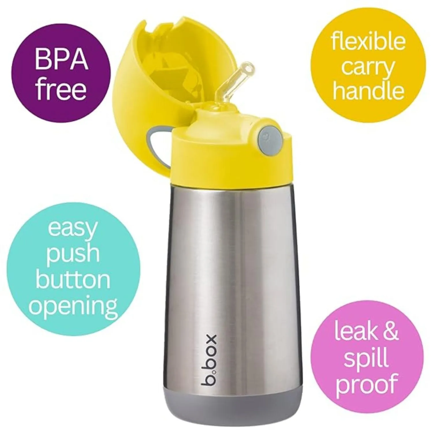 B.Box Insulated Straw Sipper Drink Water Bottle 350ml - Lemon Sherbet Yellow Grey