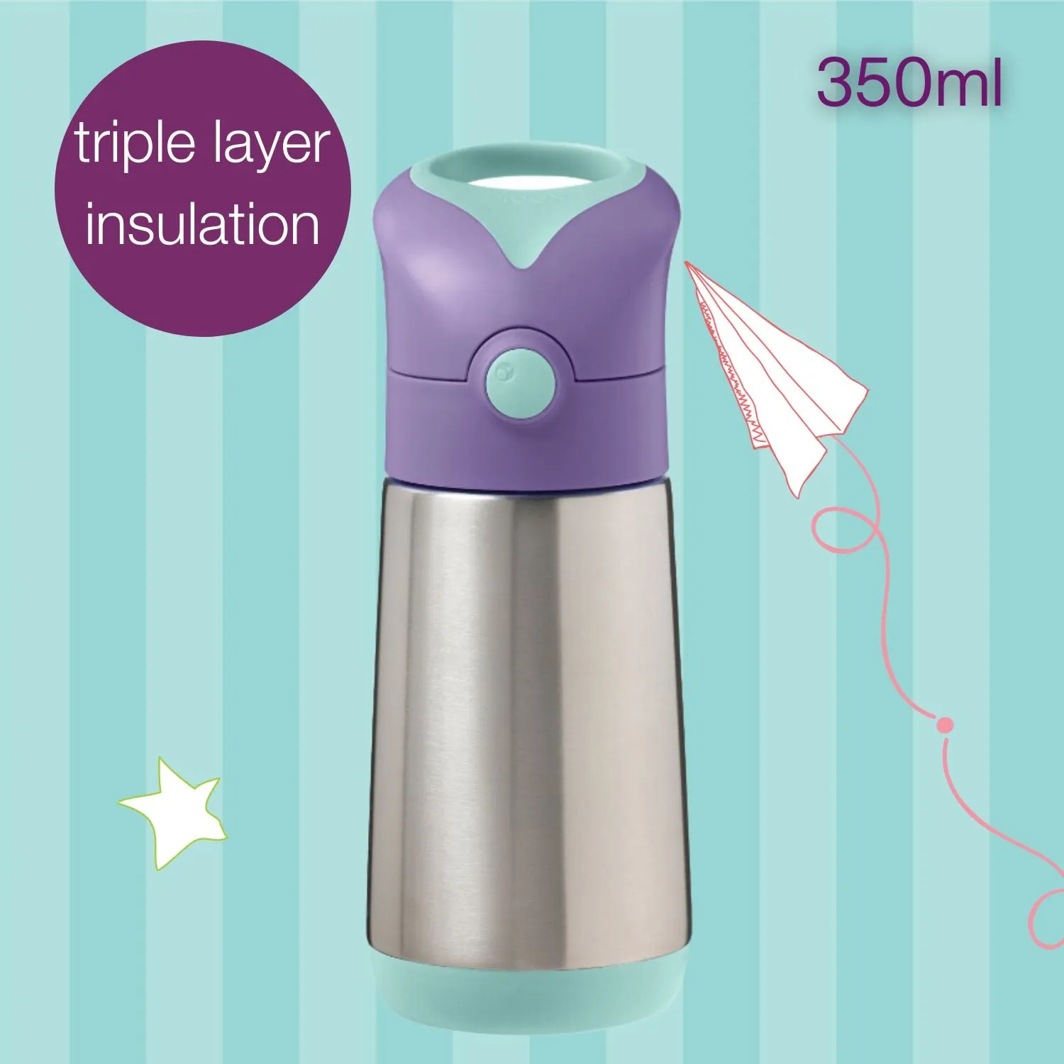 b.box Insulated Straw Sipper Drink Water Bottle 350ml  Lilac Pop Purple