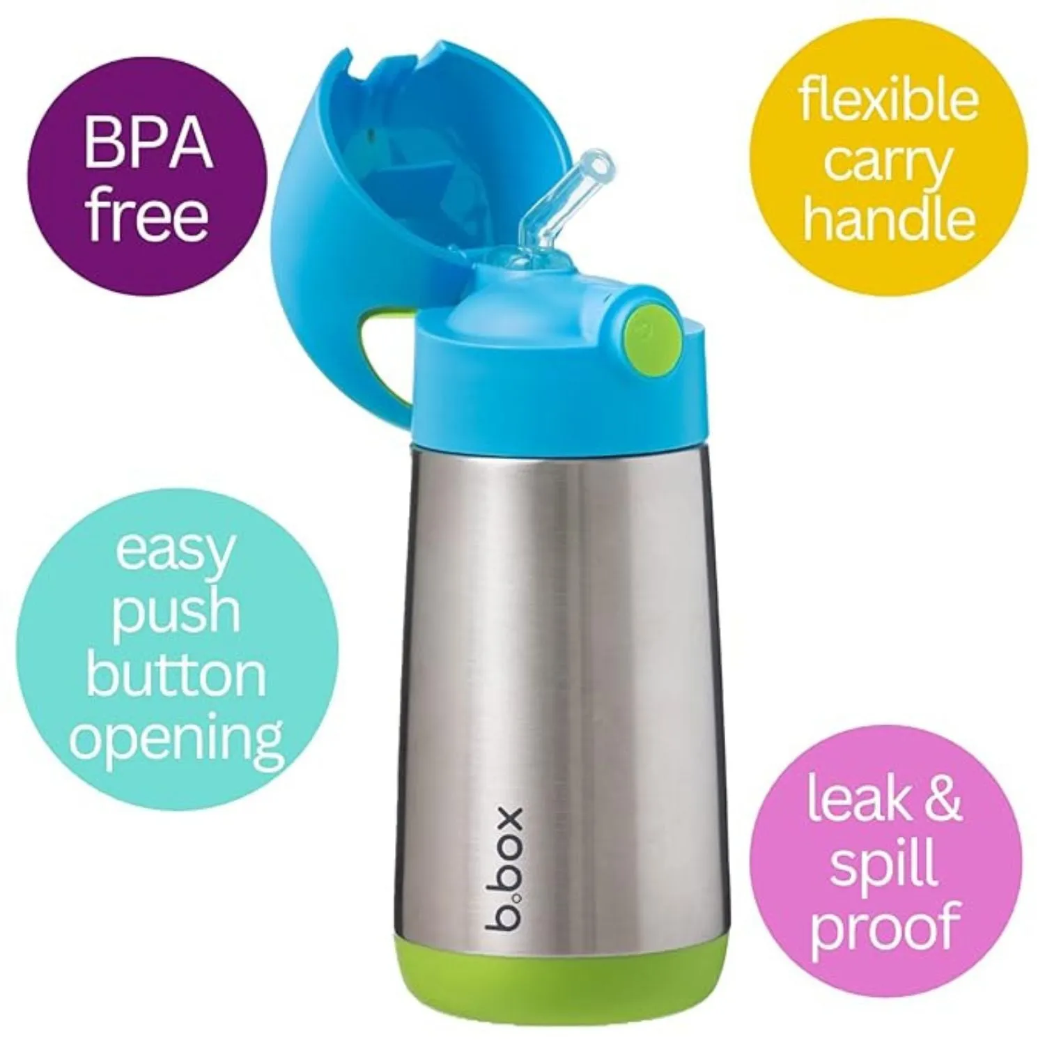 b.box Insulated Straw Sipper Drink Water Bottle 350ml - Ocean Breeze Blue Green