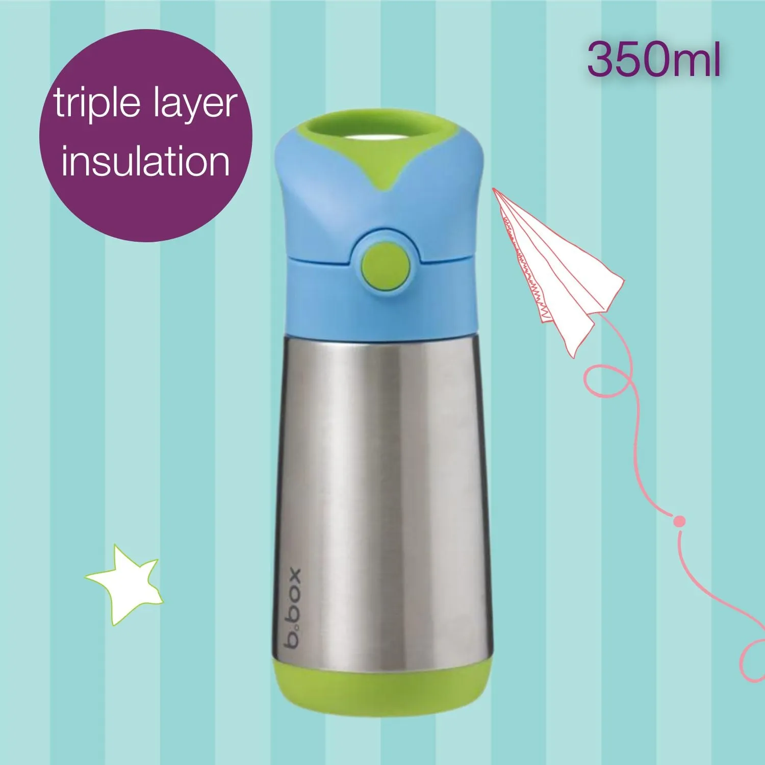 b.box Insulated Straw Sipper Drink Water Bottle 350ml - Ocean Breeze Blue Green