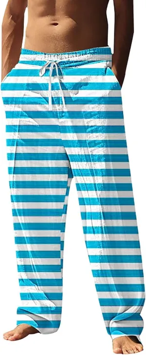 Beach Pants Men Baggy Striped Wide Leg Drawstrings Elastic Waist Loose Fit Trousers Summer Boho Yoga Pants