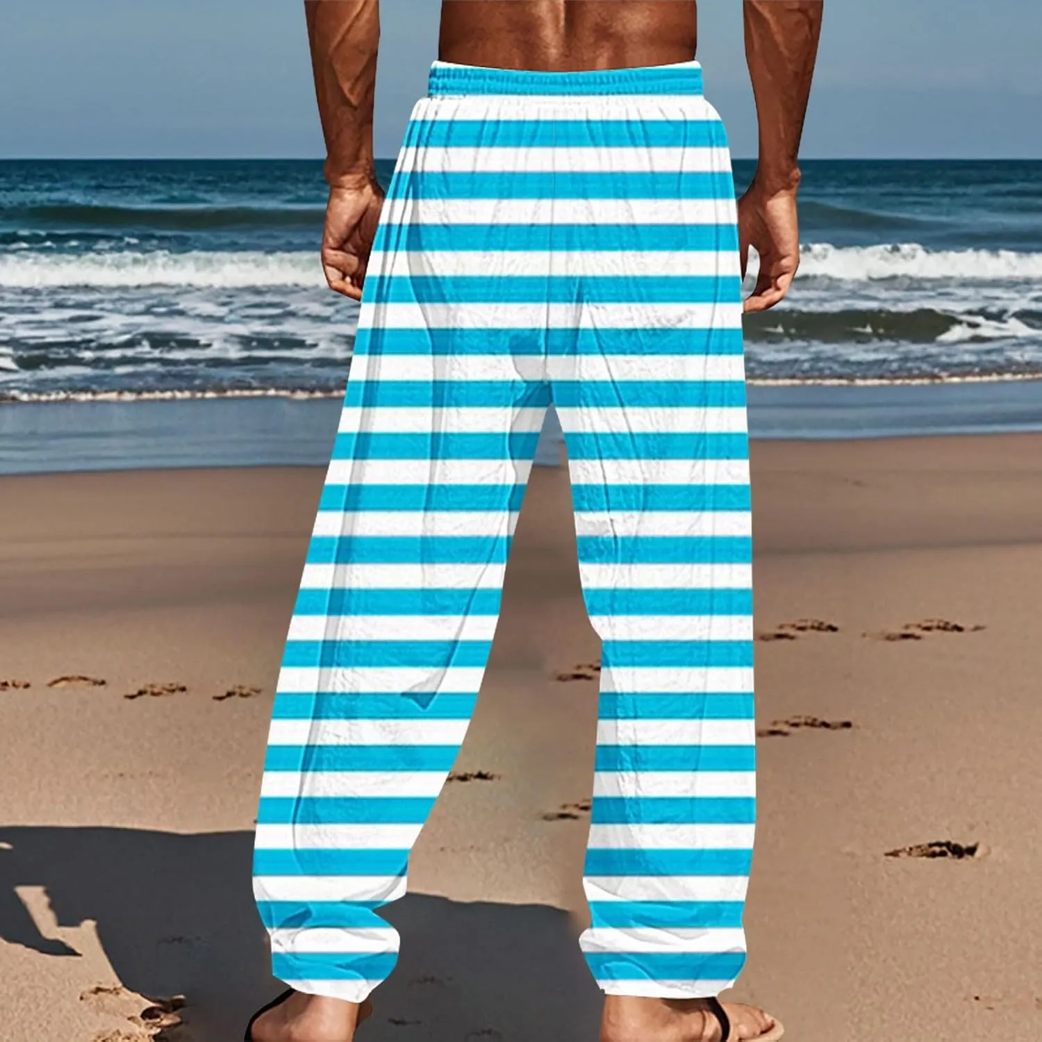 Beach Pants Men Baggy Striped Wide Leg Drawstrings Elastic Waist Loose Fit Trousers Summer Boho Yoga Pants