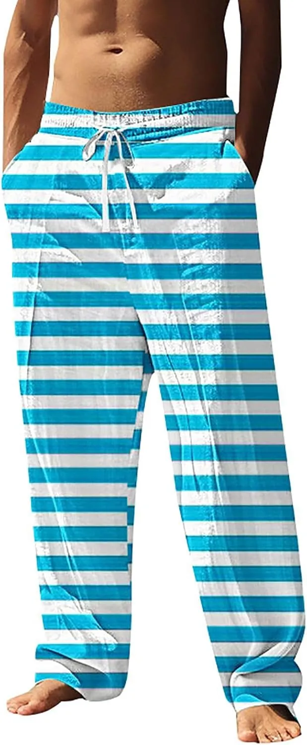 Beach Pants Men Baggy Striped Wide Leg Drawstrings Elastic Waist Loose Fit Trousers Summer Boho Yoga Pants