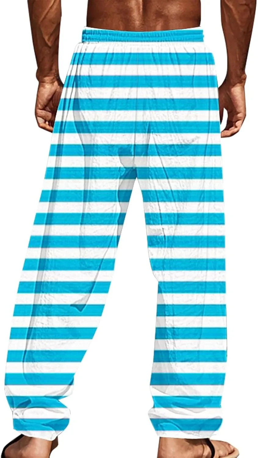 Beach Pants Men Baggy Striped Wide Leg Drawstrings Elastic Waist Loose Fit Trousers Summer Boho Yoga Pants