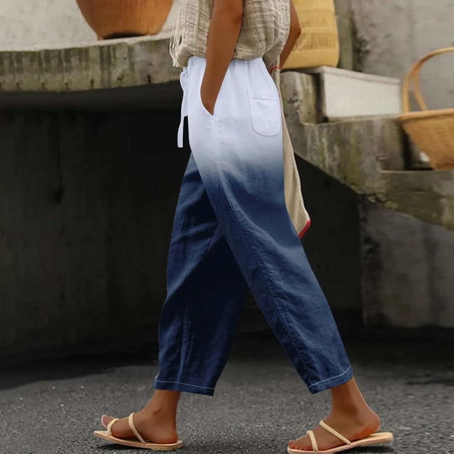Black Leggings Women Color Cotton Linen Elastic Seven Pants Beach Casual Pants Loose Cotton Linen Palazzo