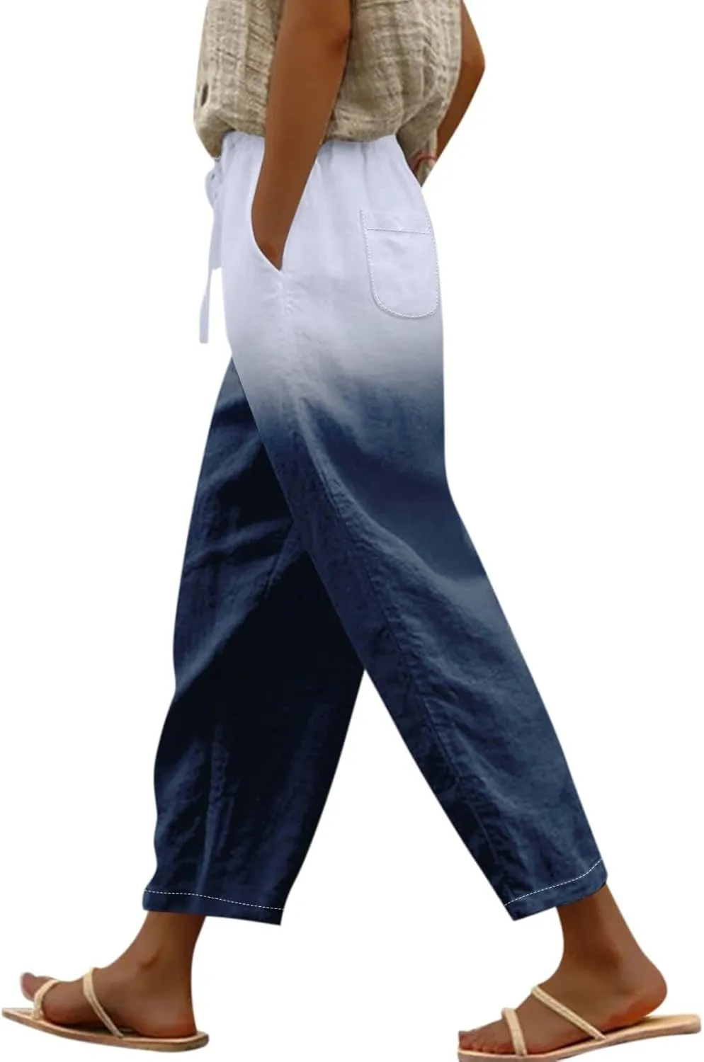 Black Leggings Women Color Cotton Linen Elastic Seven Pants Beach Casual Pants Loose Cotton Linen Palazzo