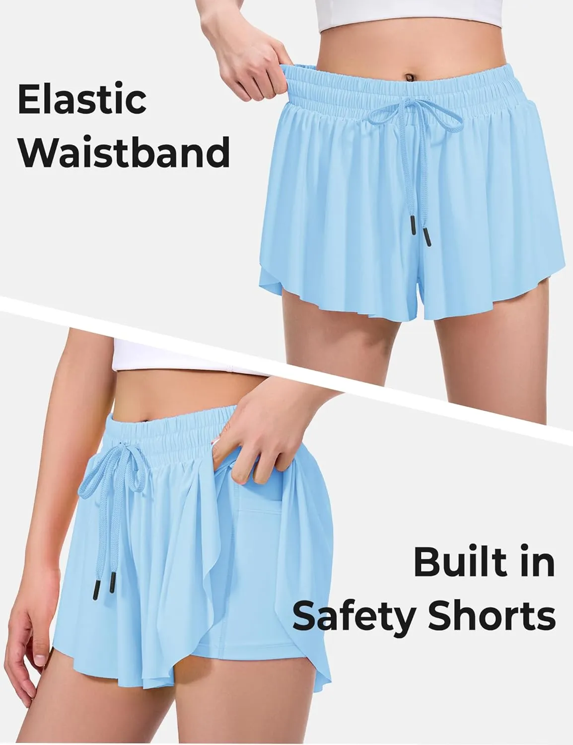 BOOPH Girls Flowy Shorts Athletic Butterfly Shorts with Inner Pockets 2-in-1 for Girls Running Tennis Sports