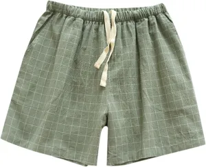 Boxer Shorts for Women Cute Plaid Mid Elastic Waist Cotton Linen Shorts Summer Loose Comfy Casual Wide Leg Lounge Bottoms