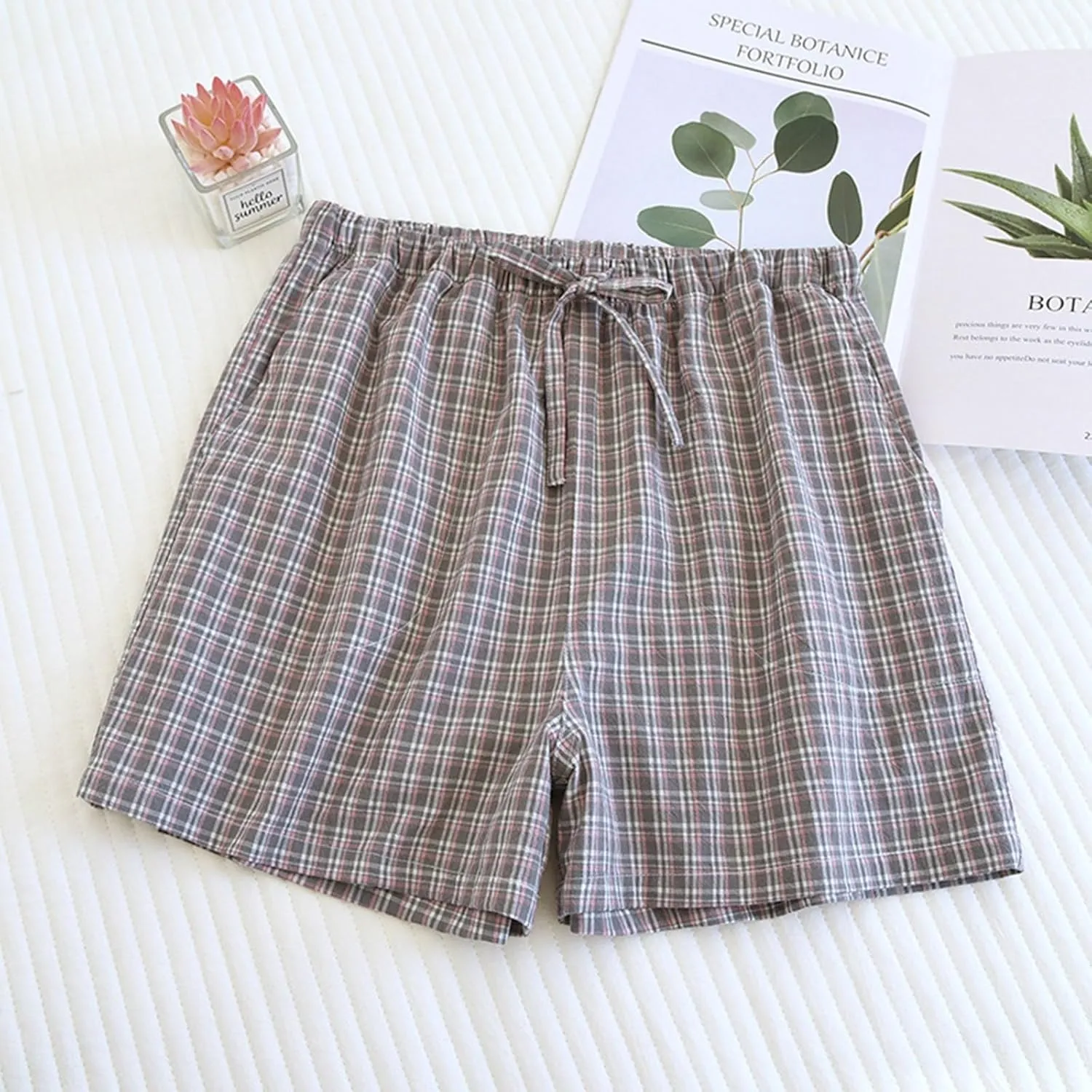 Boxer Shorts for Women Cute Plaid Mid Elastic Waist Cotton Linen Shorts Summer Loose Comfy Casual Wide Leg Lounge Bottoms