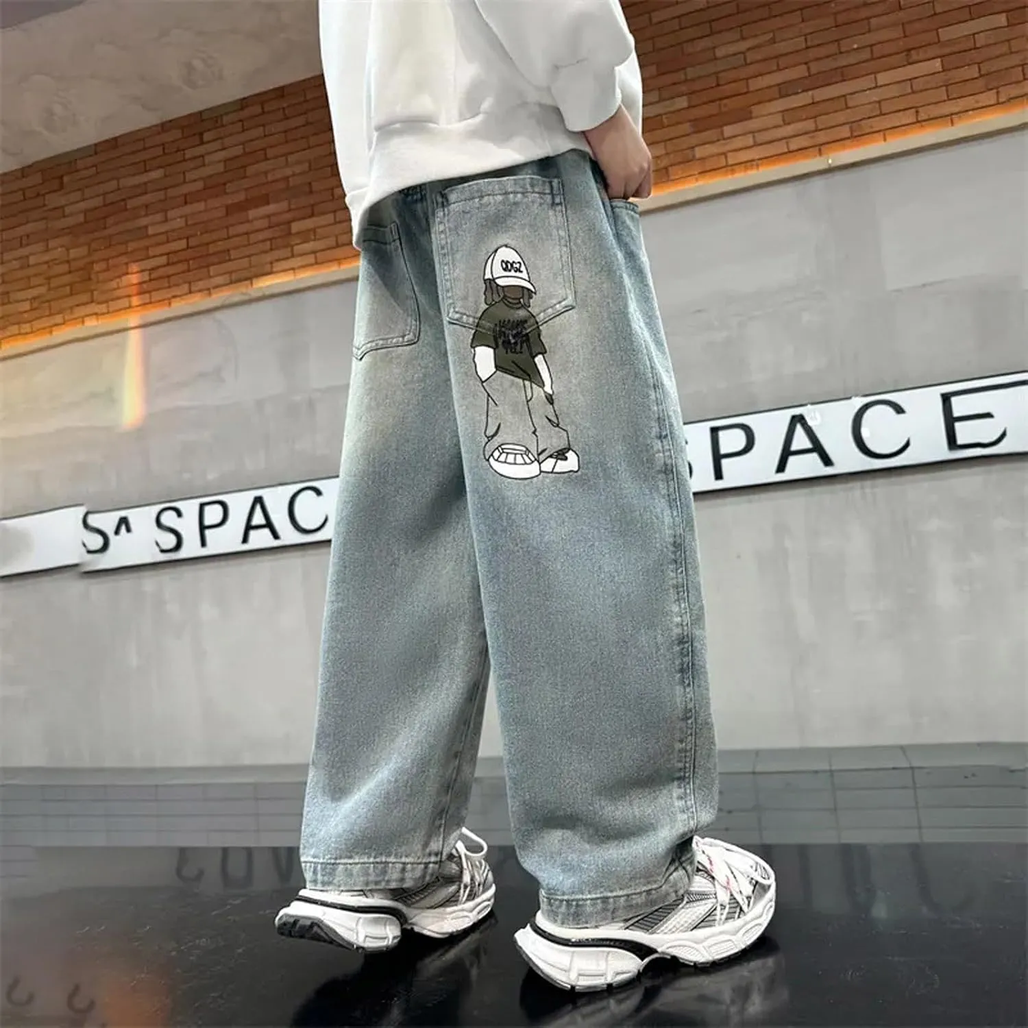 Boys Baggy Jeans for Kids Teen Casual Straight Wide Leg Cargo Jeans Y2K Loose Elastic Waist Denim Pants Trousers with Pockets