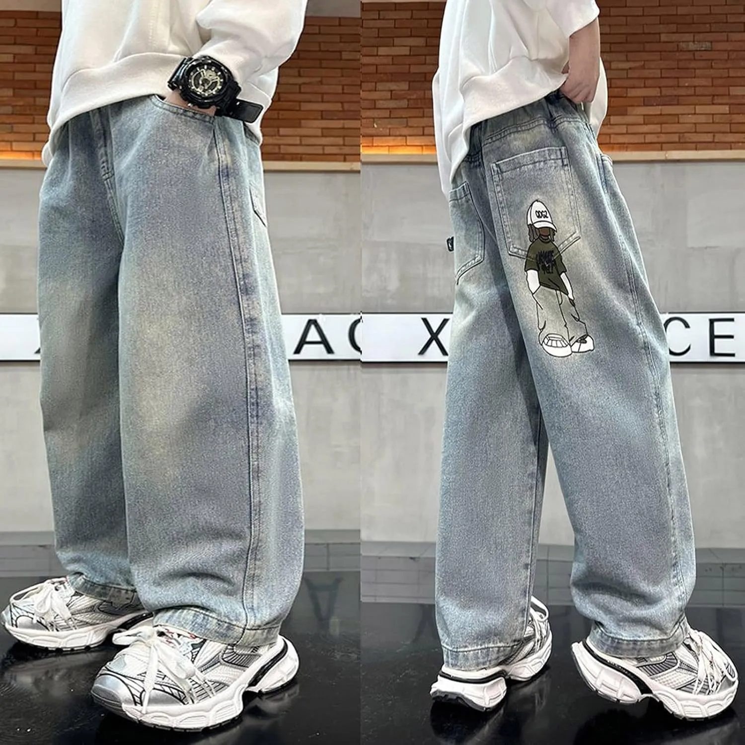 Boys Baggy Jeans for Kids Teen Casual Straight Wide Leg Cargo Jeans Y2K Loose Elastic Waist Denim Pants Trousers with Pockets