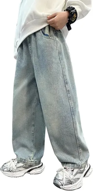 Boys Baggy Jeans for Kids Teen Casual Straight Wide Leg Cargo Jeans Y2K Loose Elastic Waist Denim Pants Trousers with Pockets
