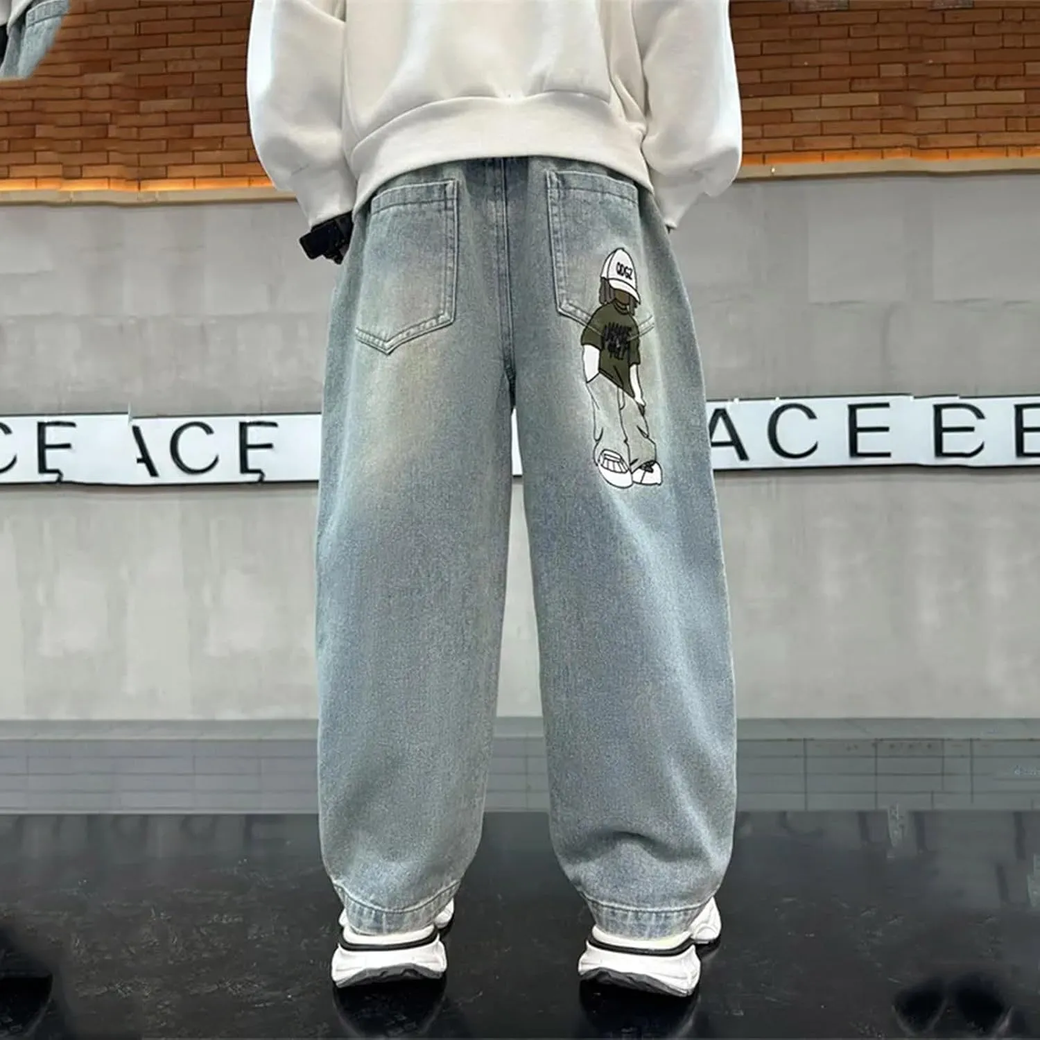 Boys Baggy Jeans for Kids Teen Casual Straight Wide Leg Cargo Jeans Y2K Loose Elastic Waist Denim Pants Trousers with Pockets