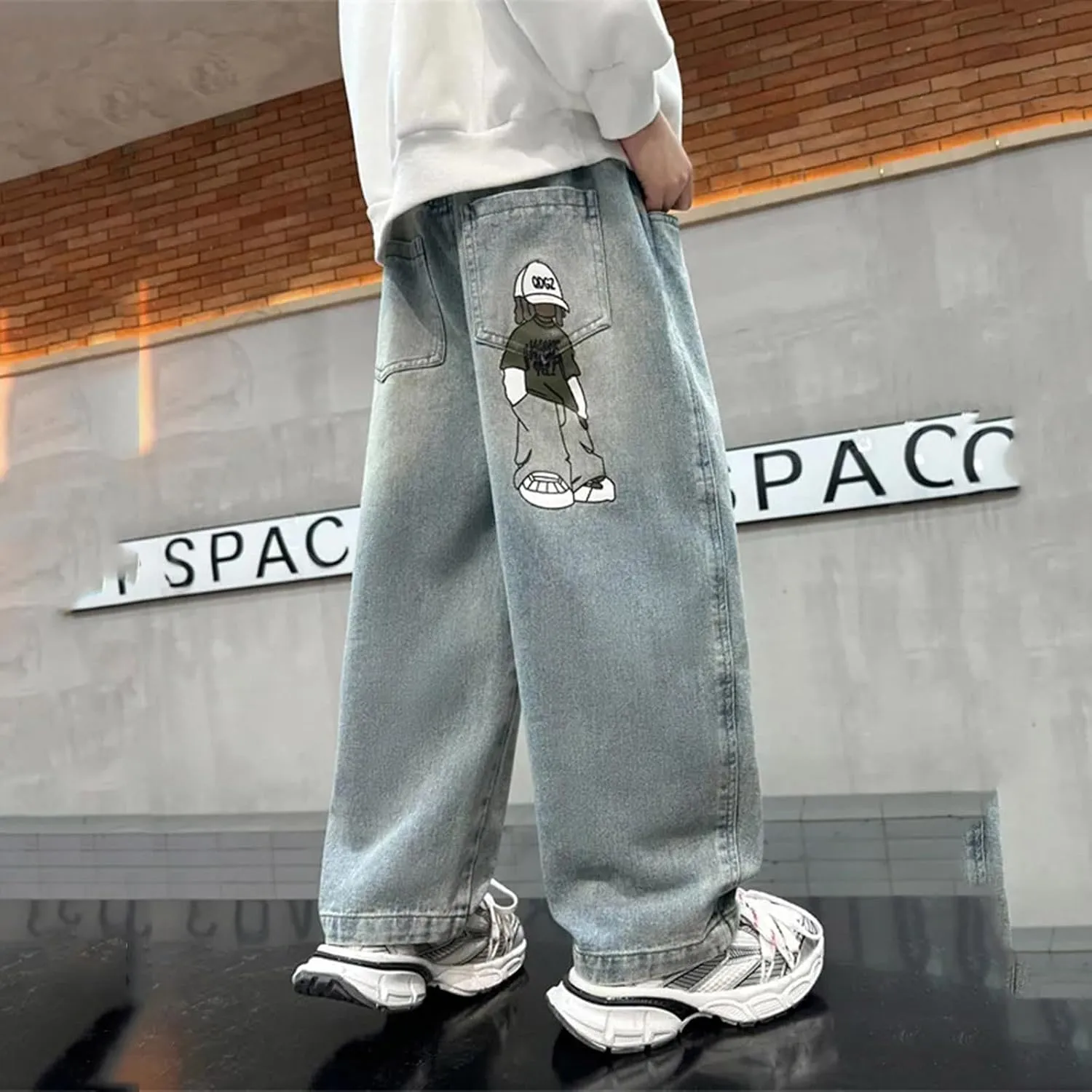 Boys Baggy Jeans for Kids Teen Casual Straight Wide Leg Cargo Jeans Y2K Loose Elastic Waist Denim Pants Trousers with Pockets