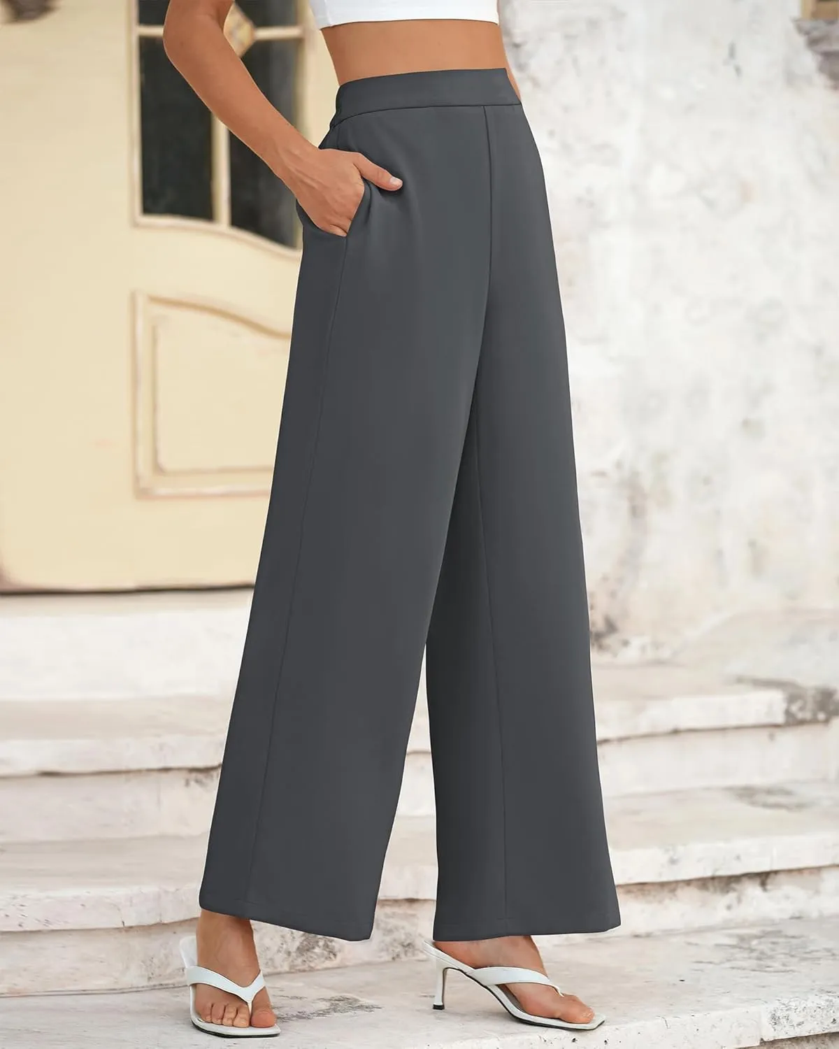 BTFBM Womens Wide Leg Pants Dressy Casual Elastic High Waisted Palazzo Business Lounge Trousers with Pockets