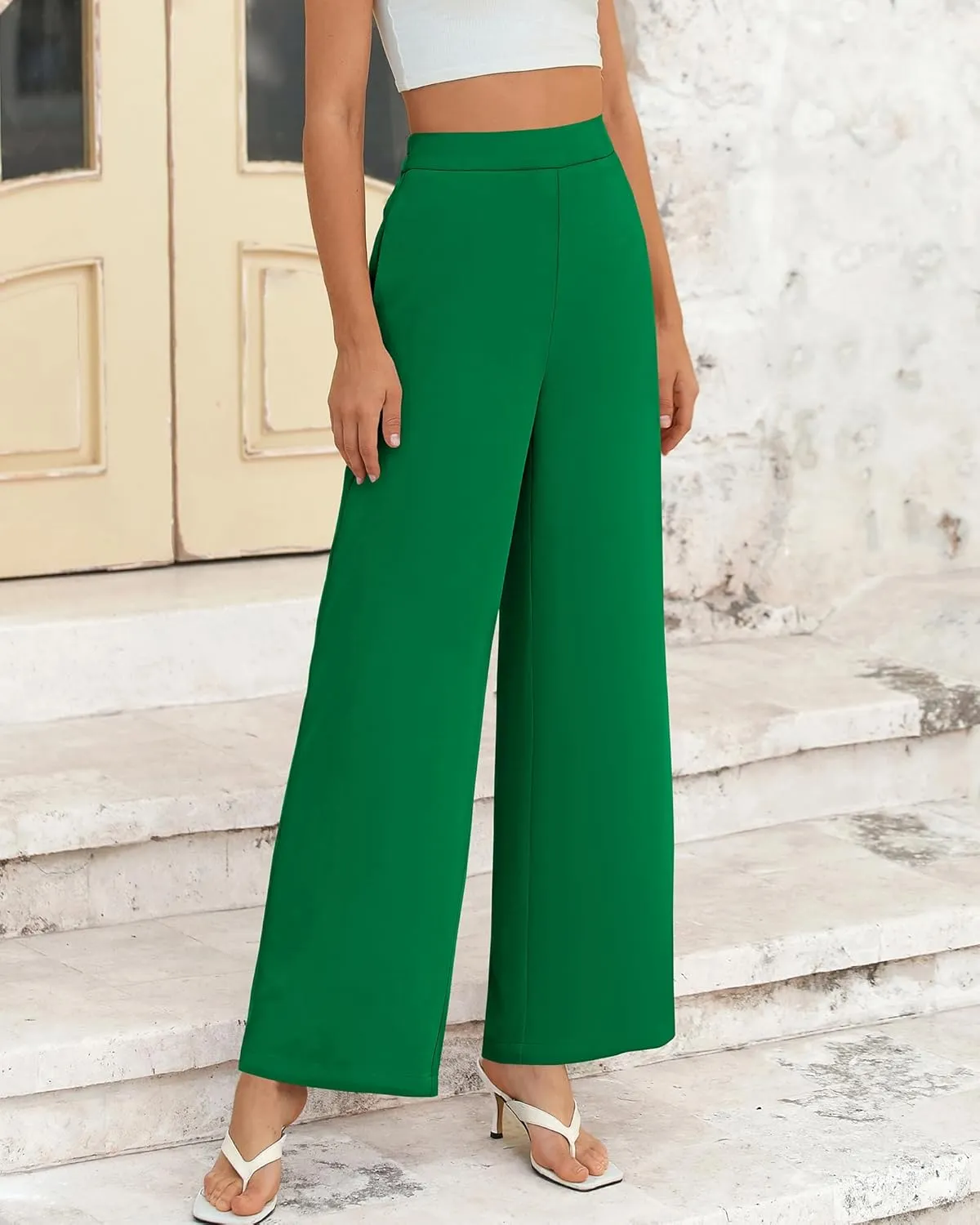 BTFBM Womens Wide Leg Pants Dressy Casual Elastic High Waisted Palazzo Business Lounge Trousers with Pockets