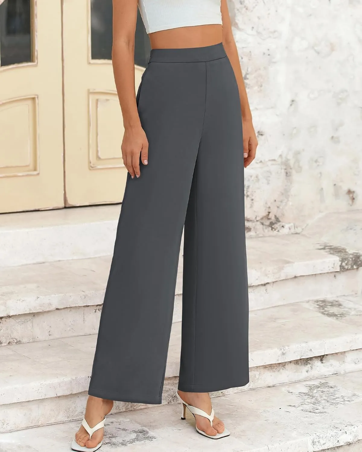BTFBM Womens Wide Leg Pants Dressy Casual Elastic High Waisted Palazzo Business Lounge Trousers with Pockets