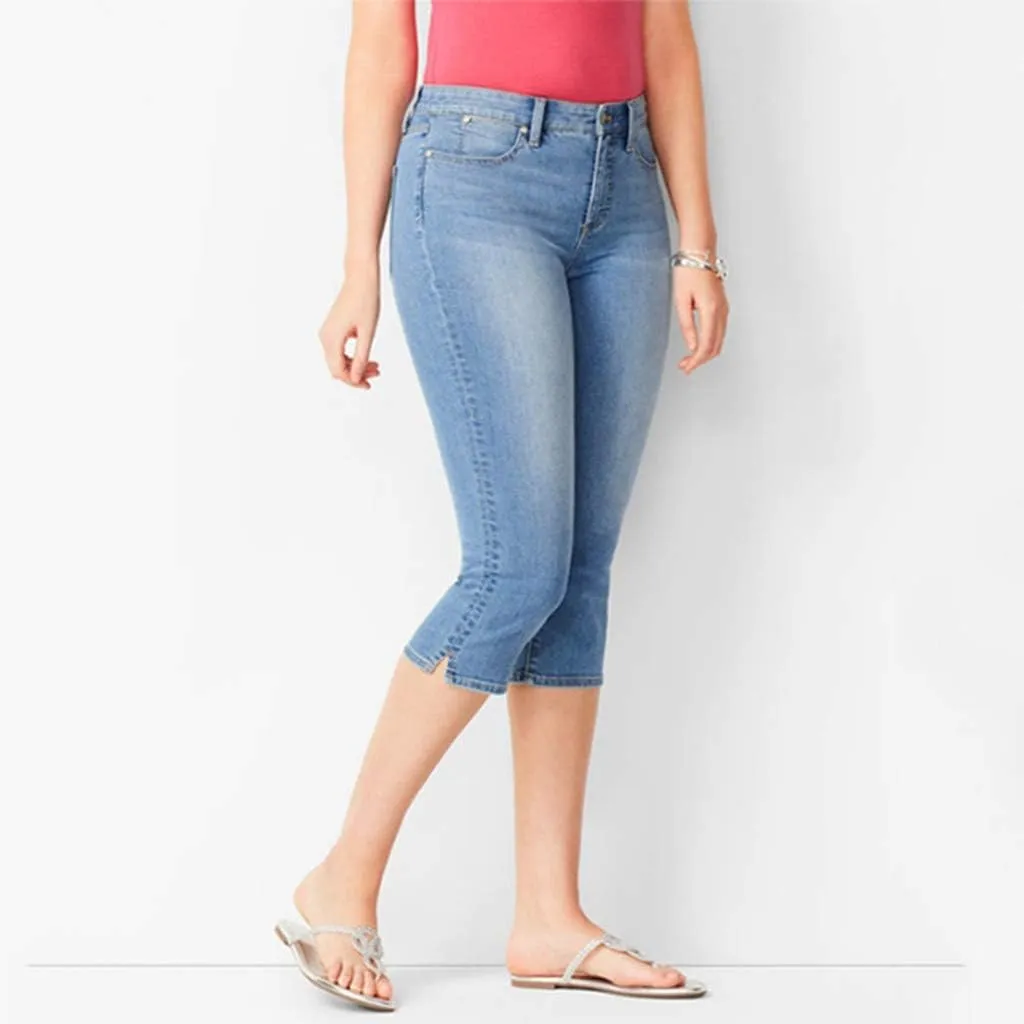 Capri Jeans for Women Trendy High Waisted Slim Split Hem Stretch Denim Jean Capris Cropped Pants Casual Summer