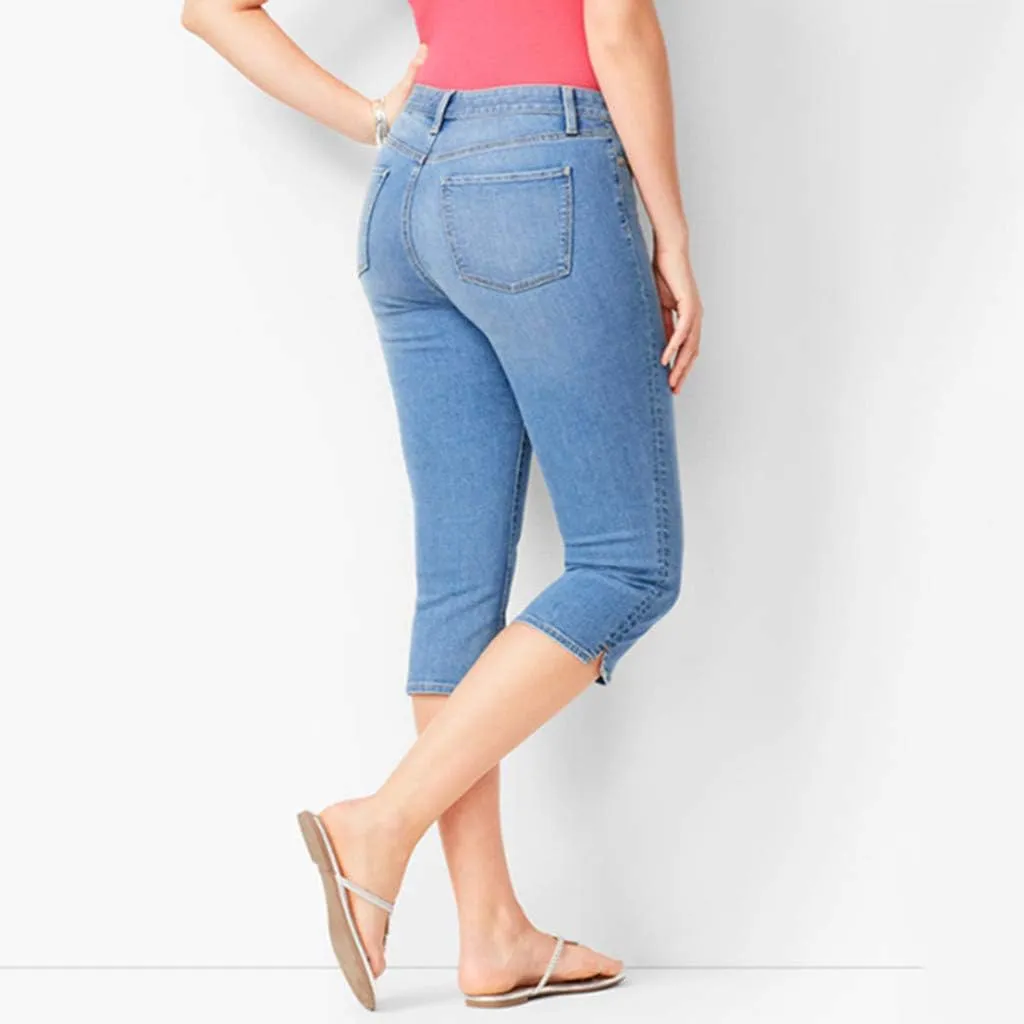 Capri Jeans for Women Trendy High Waisted Slim Split Hem Stretch Denim Jean Capris Cropped Pants Casual Summer