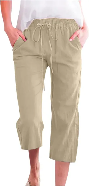 Capri Linen Pants for Women Trendy Wide Leg Palazzo Pant Summer Flowy Beach Pant Drawstring High Waist Casual Trousers