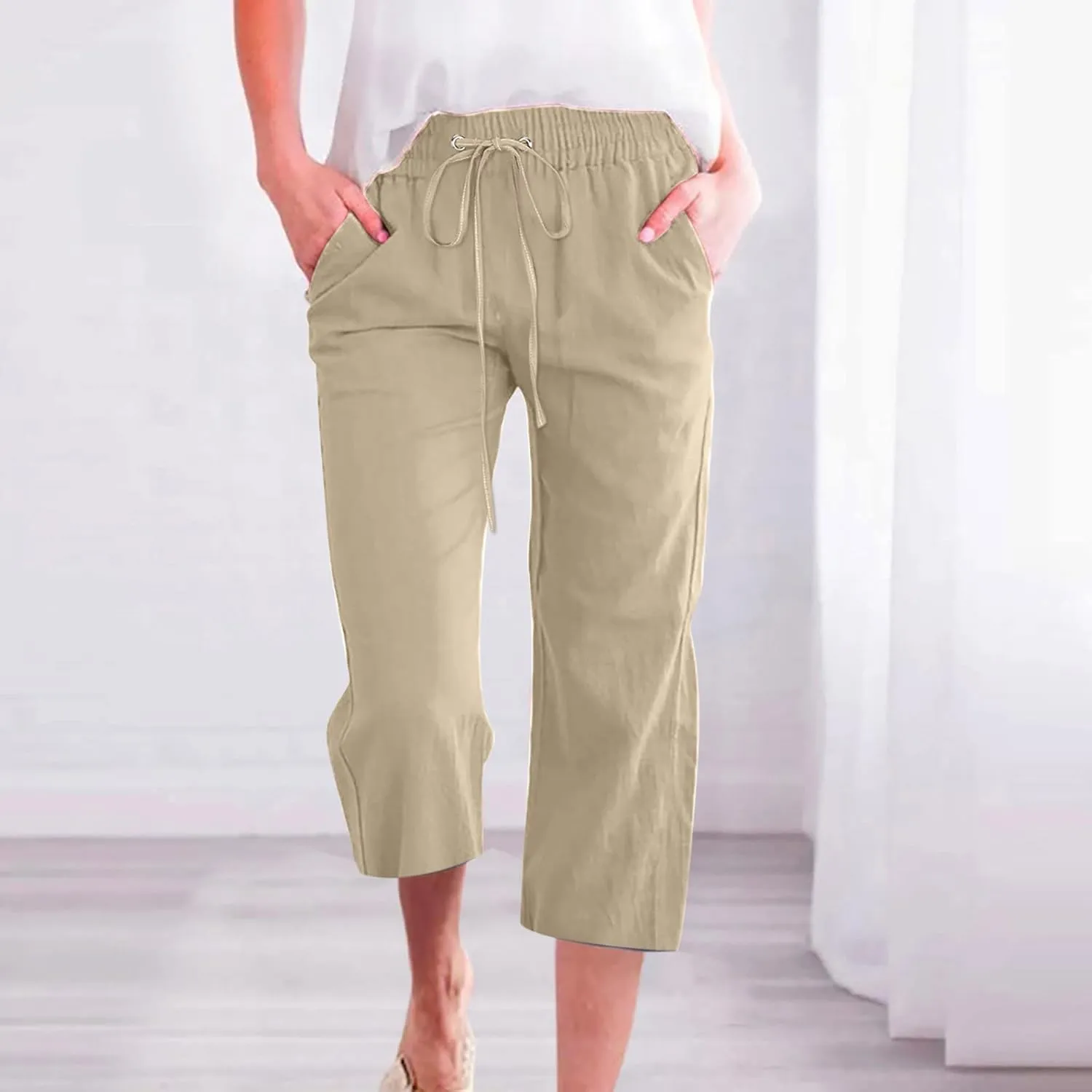 Capri Linen Pants for Women Trendy Wide Leg Palazzo Pant Summer Flowy Beach Pant Drawstring High Waist Casual Trousers