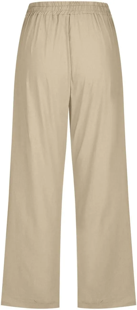Capri Linen Pants for Women Trendy Wide Leg Palazzo Pant Summer Flowy Beach Pant Drawstring High Waist Casual Trousers